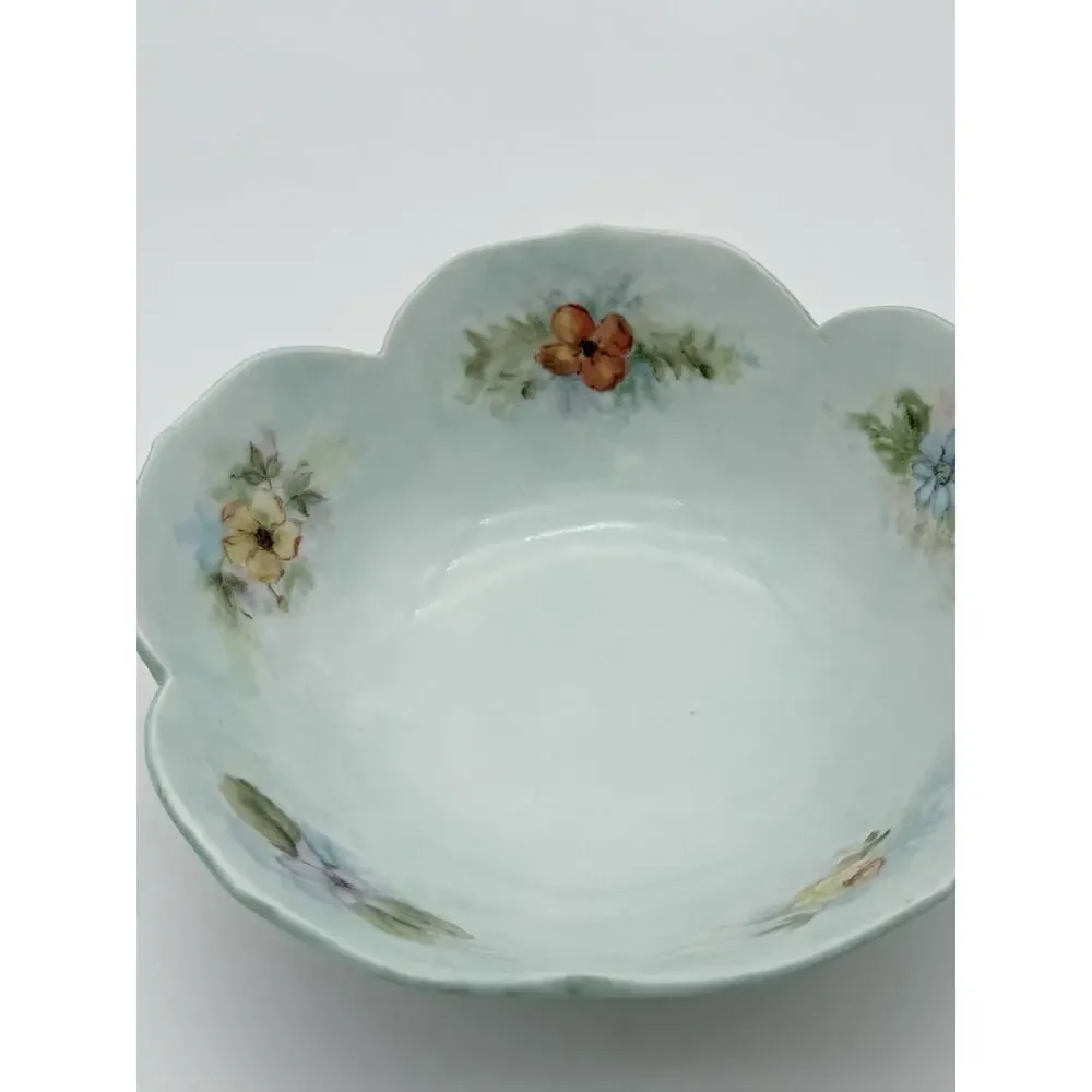 Vintage Hand Painted Floral Porcelain Scalloped Bowl Artist Signed 8 Inch